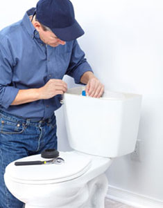 Plumber fixing a toilet